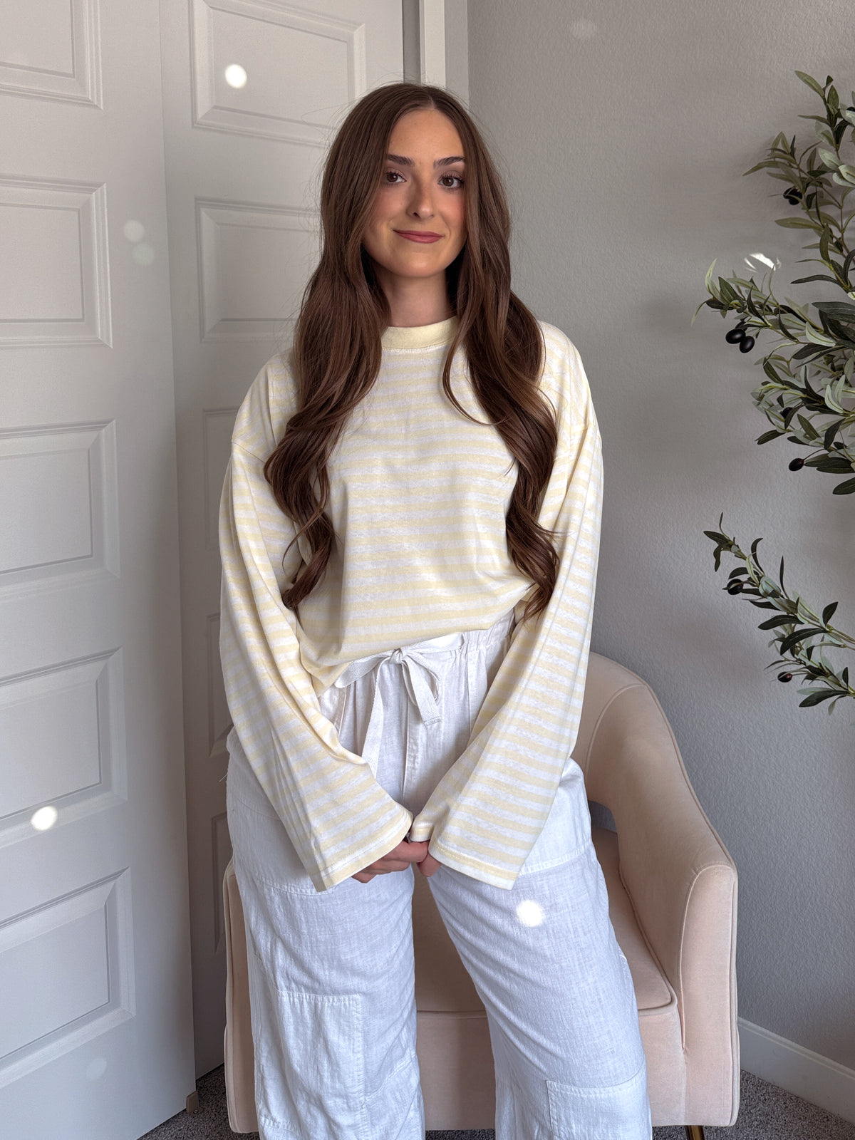 Hallie Oversized Striped Long Sleeve Tee (Butter Yellow/White)