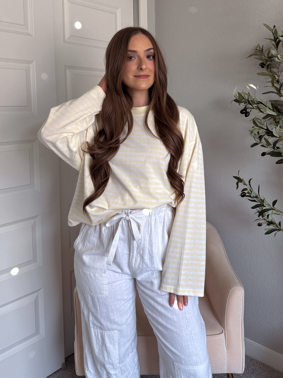 Hallie Oversized Striped Long Sleeve Tee (Butter Yellow/White)