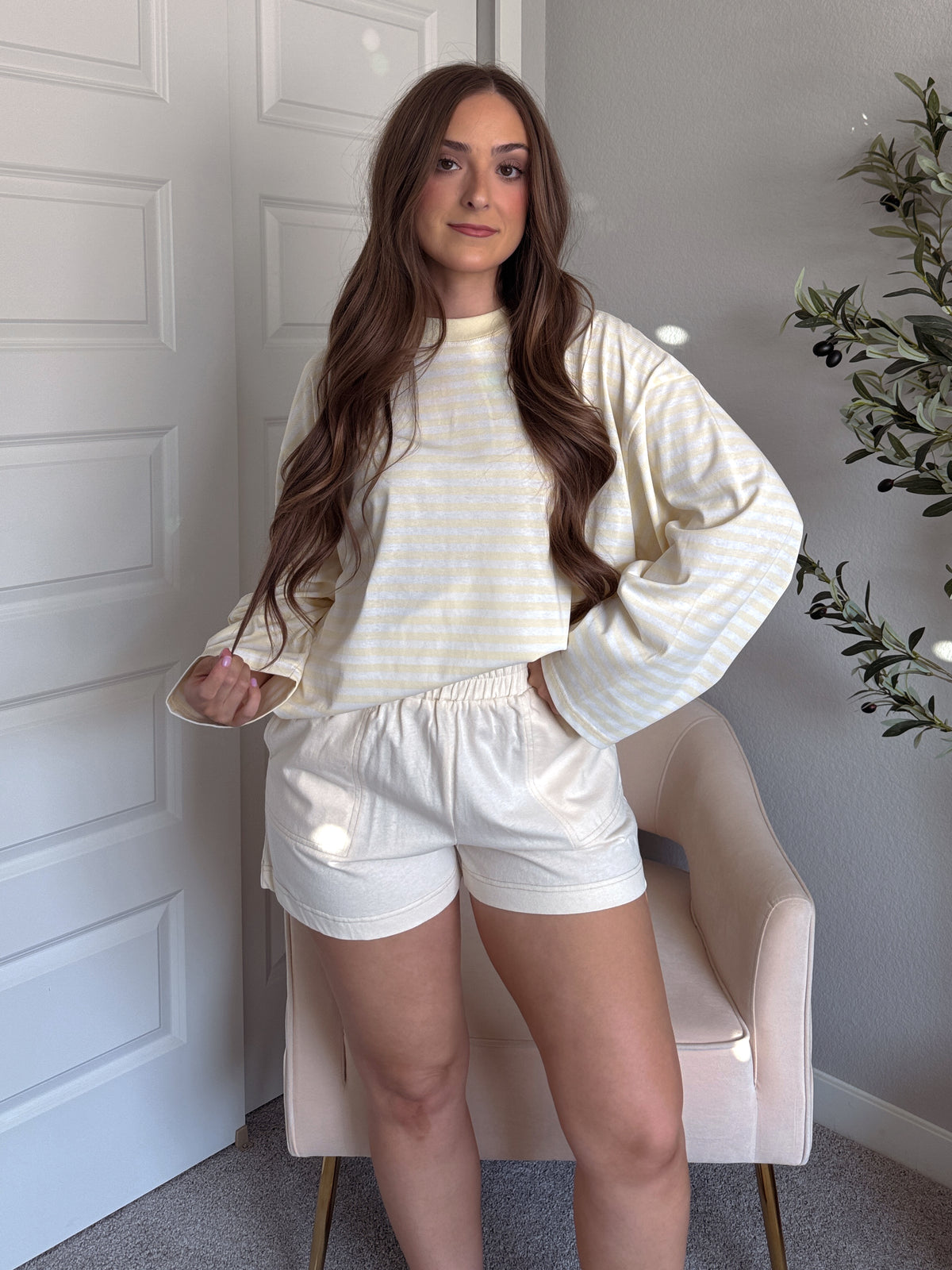 Hallie Oversized Striped Long Sleeve Tee (Butter Yellow/White)