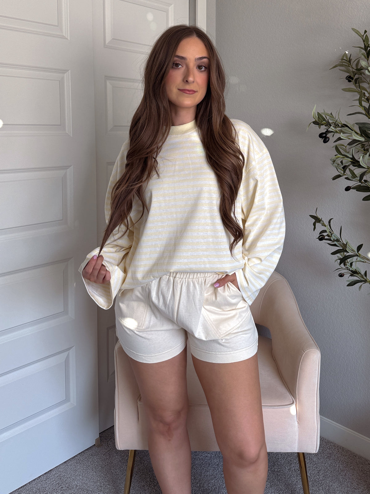 Hallie Oversized Striped Long Sleeve Tee (Butter Yellow/White)
