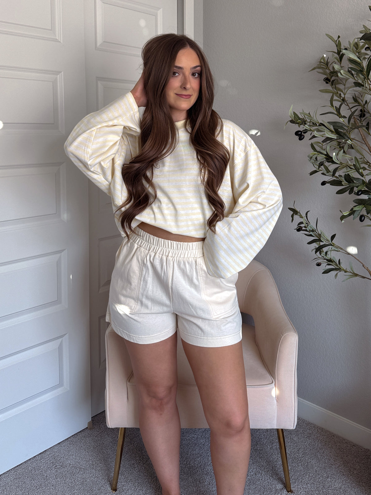 Hallie Oversized Striped Long Sleeve Tee (Butter Yellow/White)