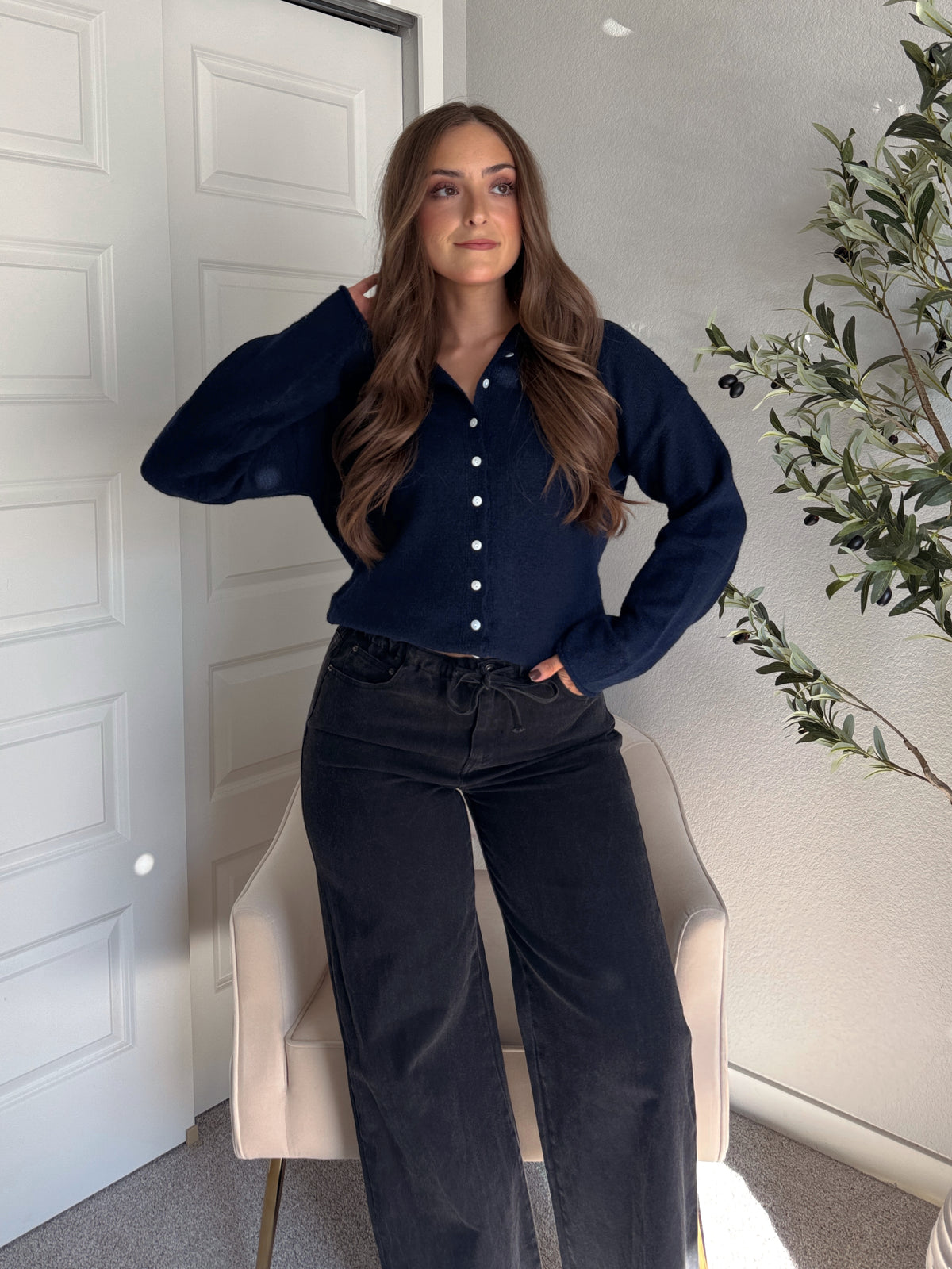 Hannah Lightweight Button Down Cardigan (Navy)