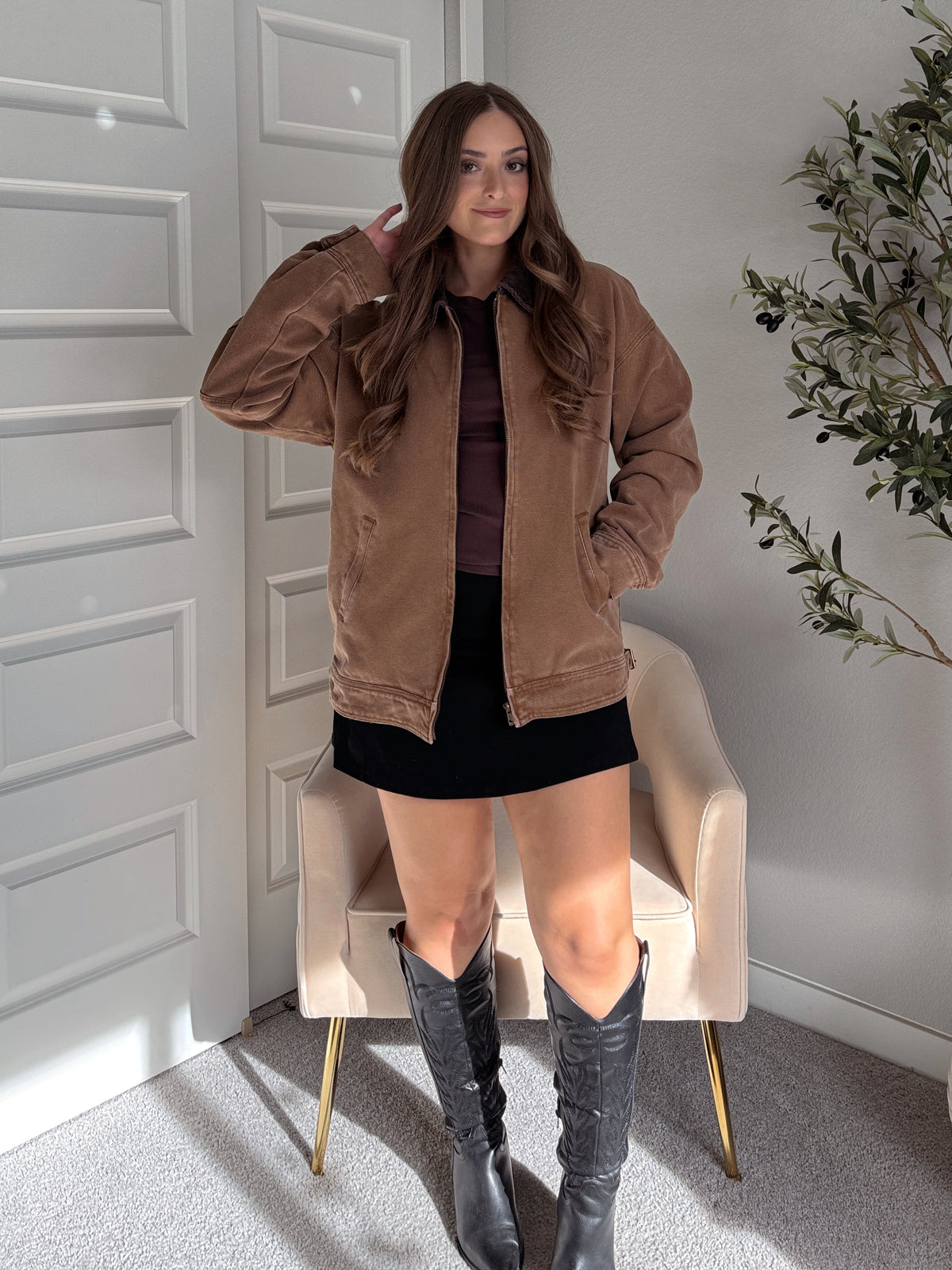 Harrington Oversized Vintage Wash Cotton Barn Jacket (Brown)