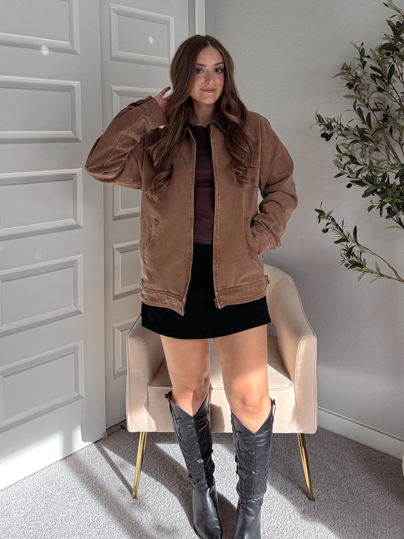 Harrington Oversized Vintage Wash Cotton Barn Jacket (Brown)