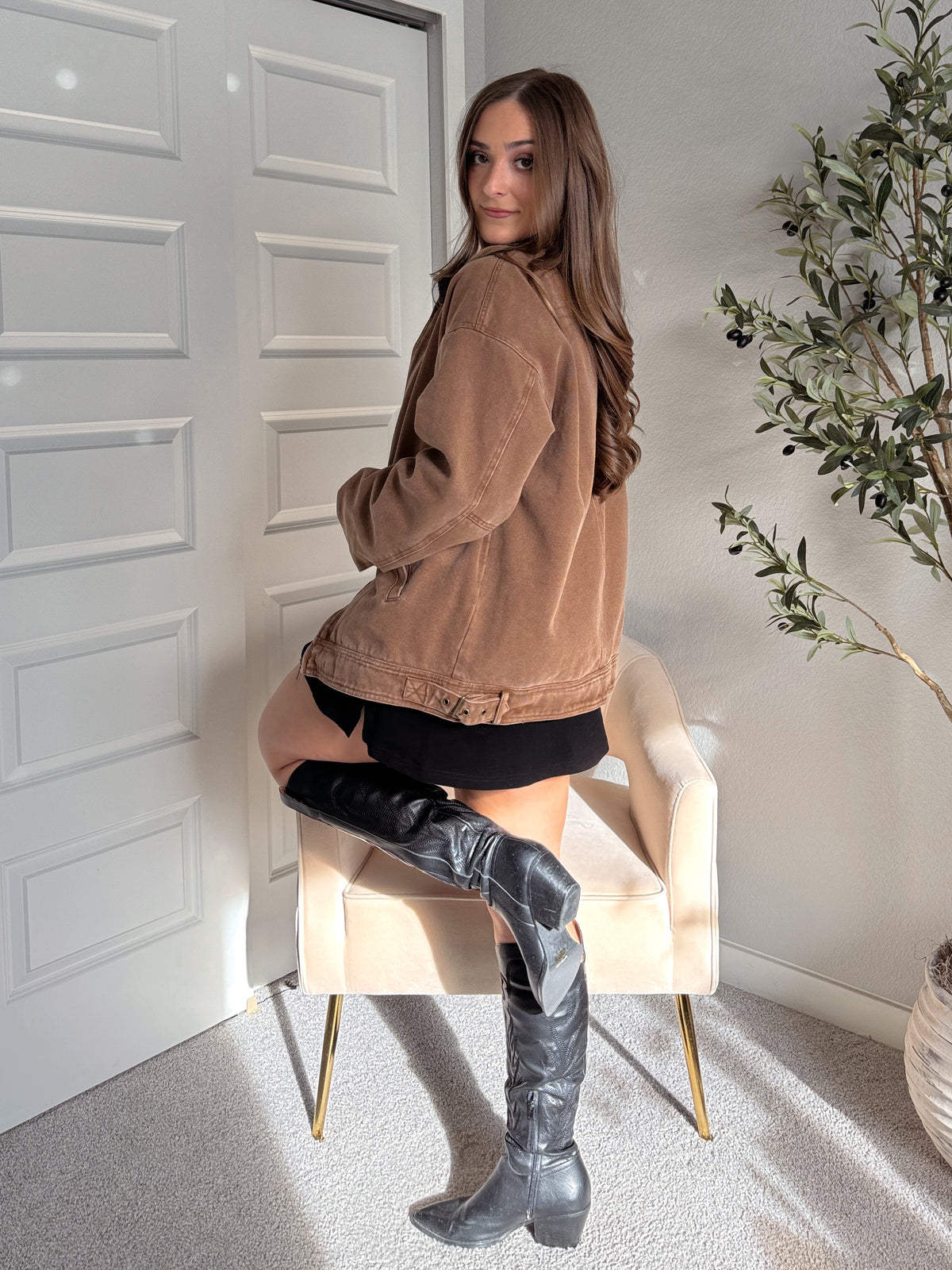 Harrington Oversized Vintage Wash Cotton Barn Jacket (Brown)