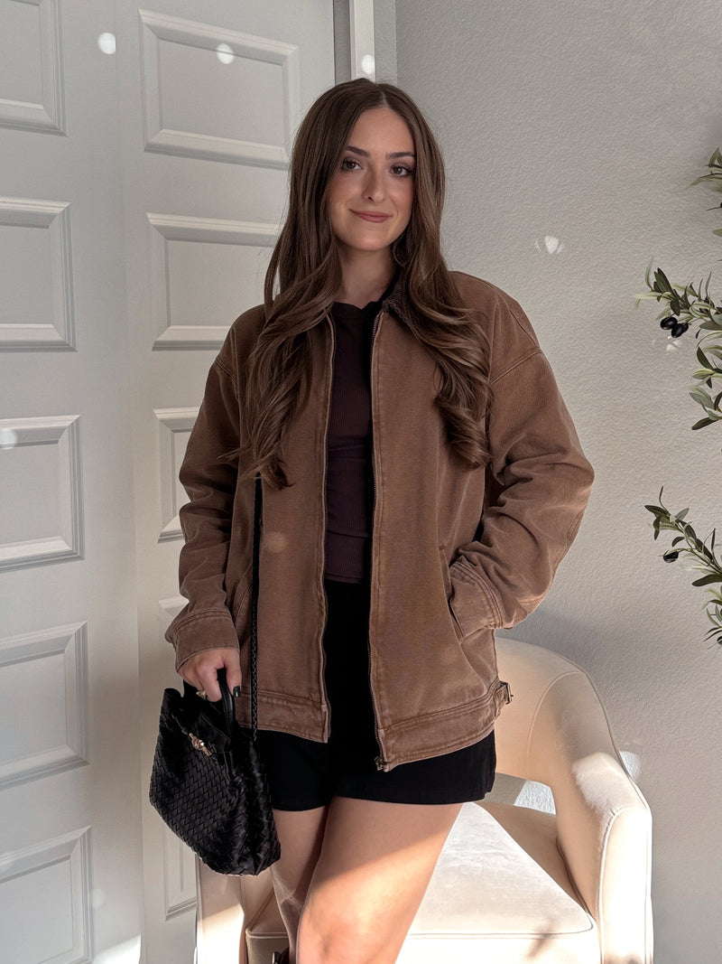 Harrington Oversized Vintage Wash Cotton Barn Jacket (Brown)