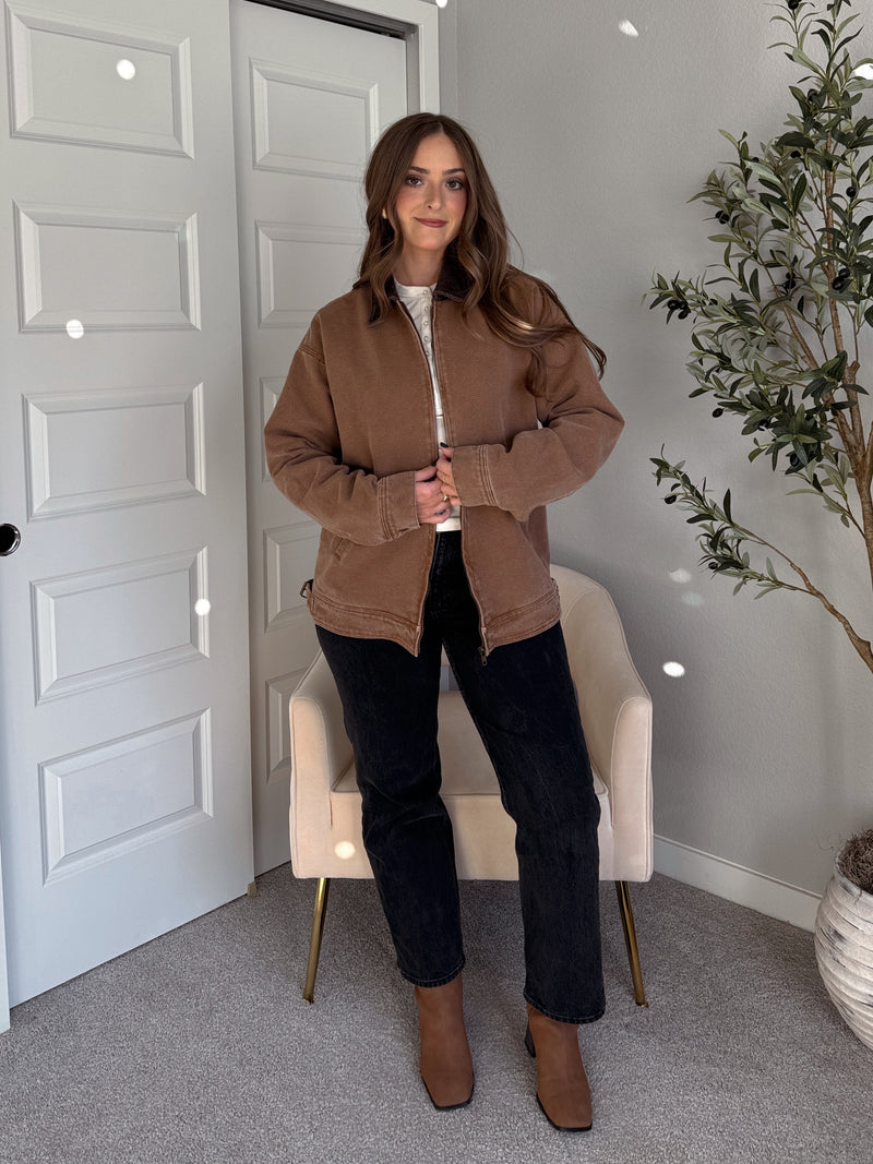 Harrington Oversized Vintage Wash Cotton Barn Jacket (Brown)