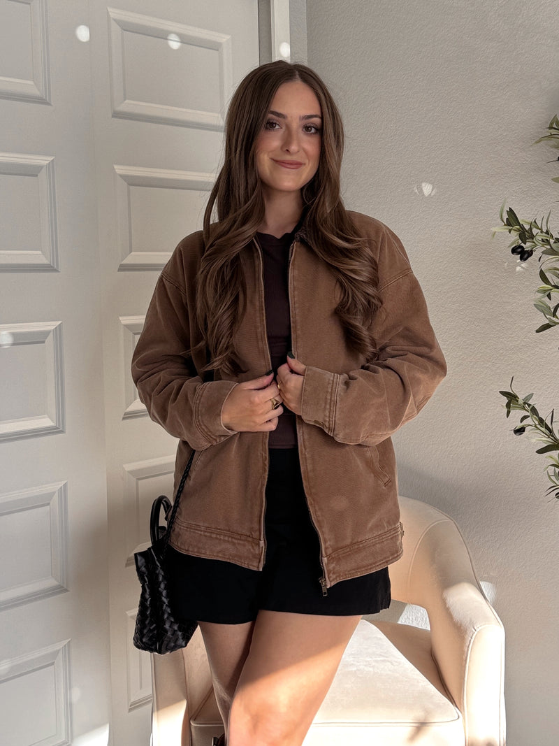 Harrington Oversized Vintage Wash Cotton Barn Jacket (Brown)