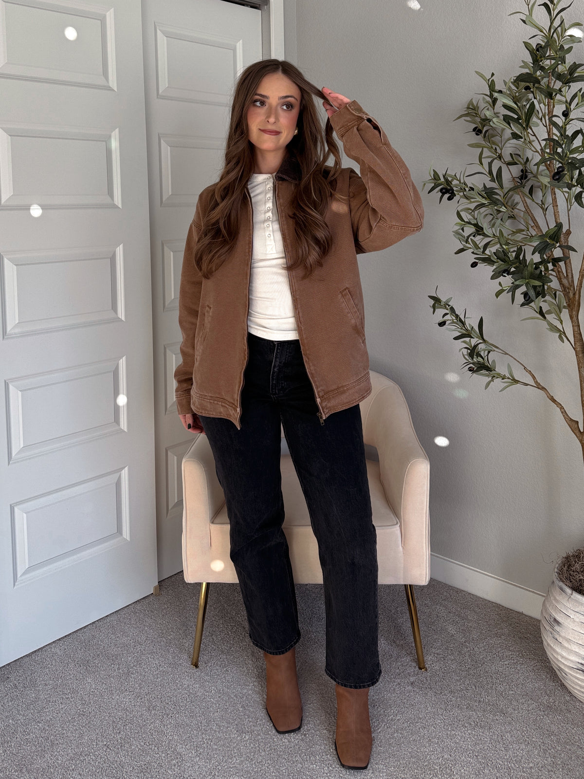 Harrington Oversized Vintage Wash Cotton Barn Jacket (Brown)