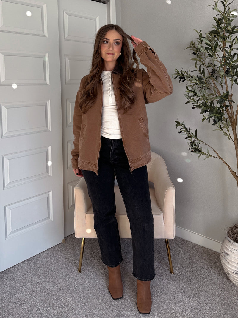 Harrington Oversized Vintage Wash Cotton Barn Jacket (Brown)