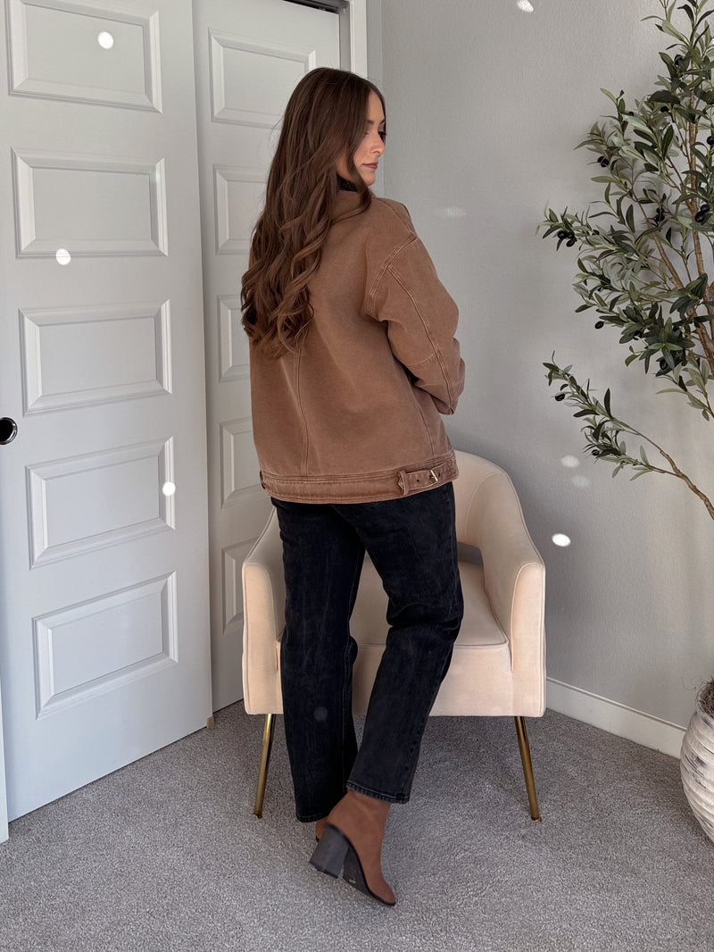 Harrington Oversized Vintage Wash Cotton Barn Jacket (Brown)