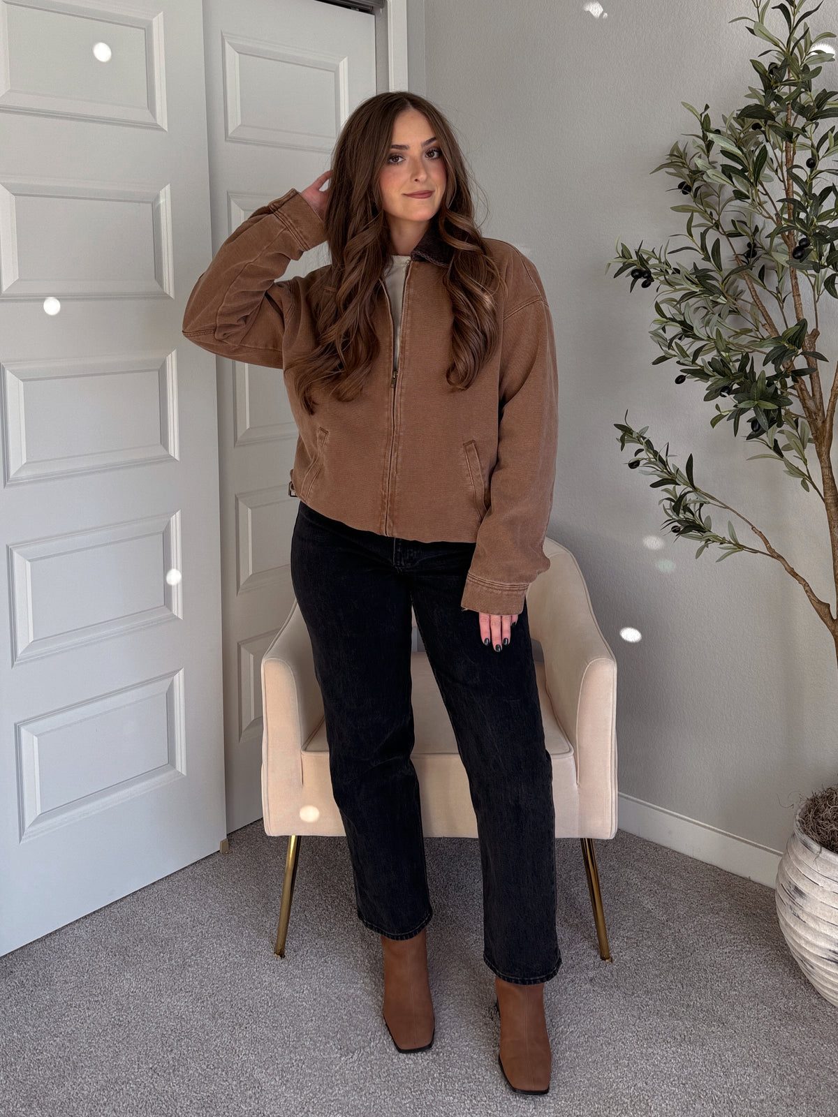 Harrington Oversized Vintage Wash Cotton Barn Jacket (Brown)