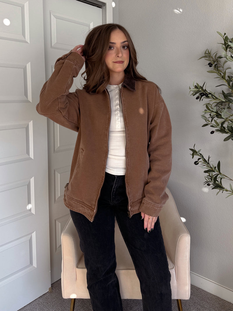 Harrington Oversized Vintage Wash Cotton Barn Jacket (Brown)