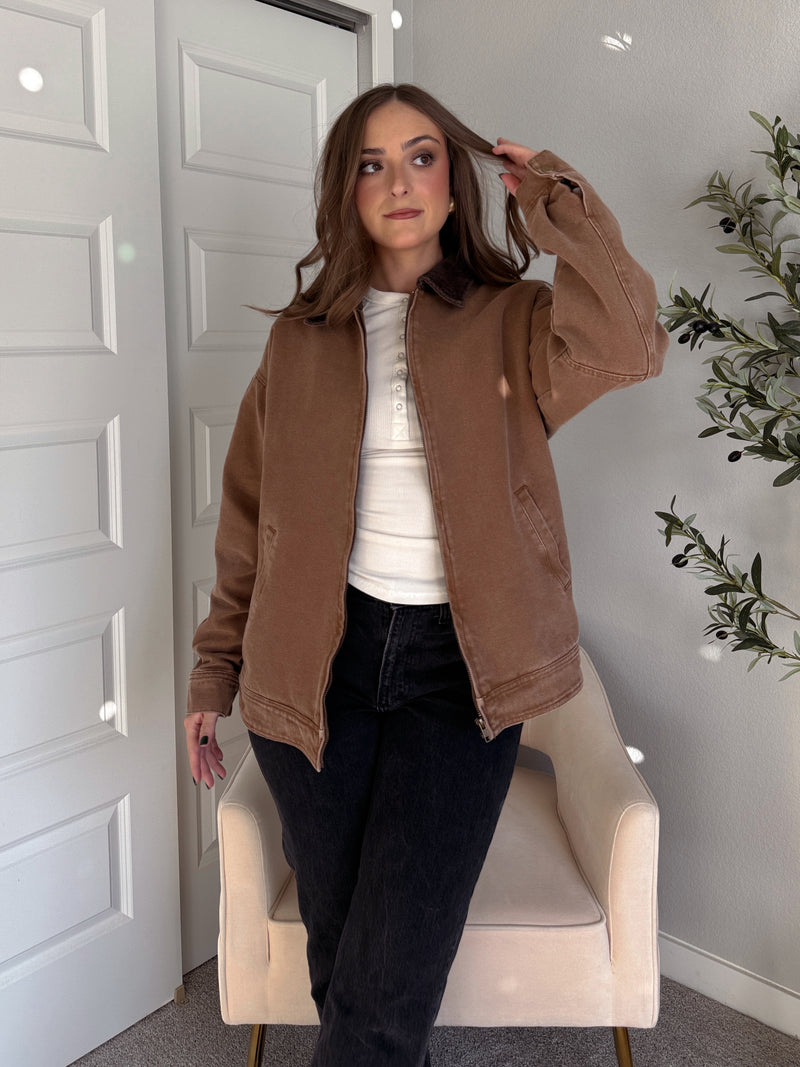 Harrington Oversized Vintage Wash Cotton Barn Jacket (Brown)