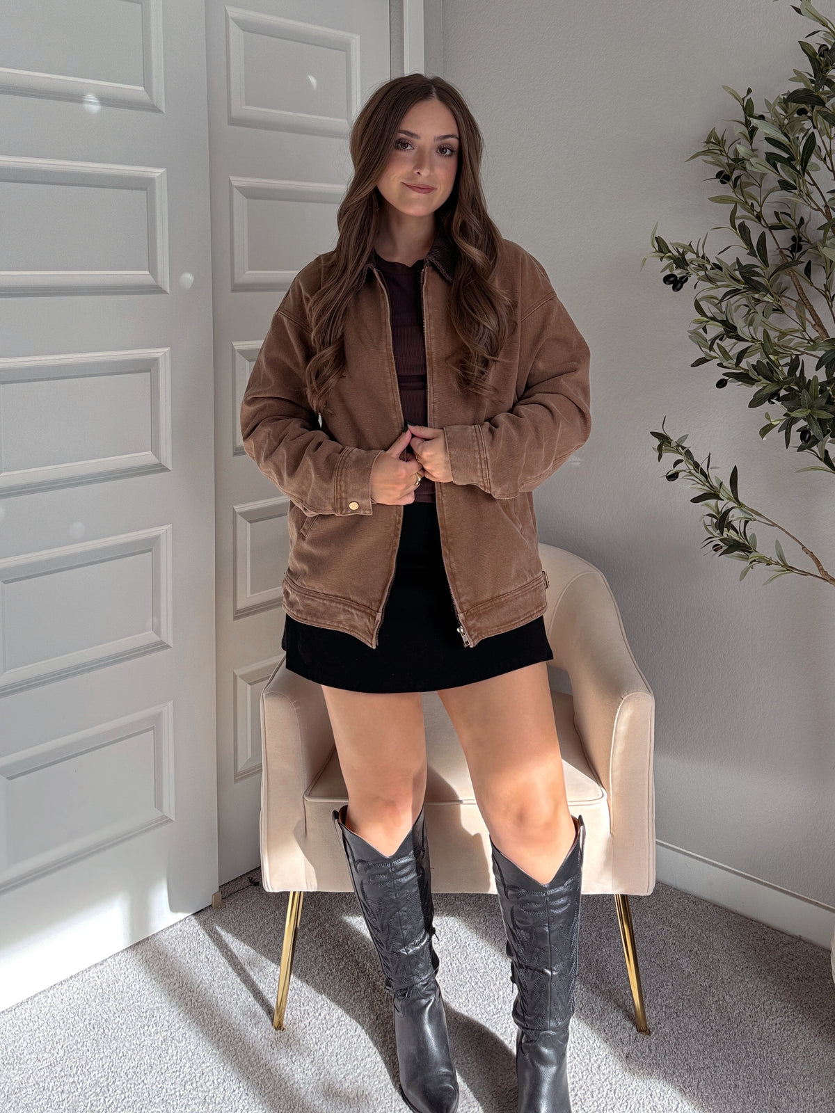 Harrington Oversized Vintage Wash Cotton Barn Jacket (Brown)