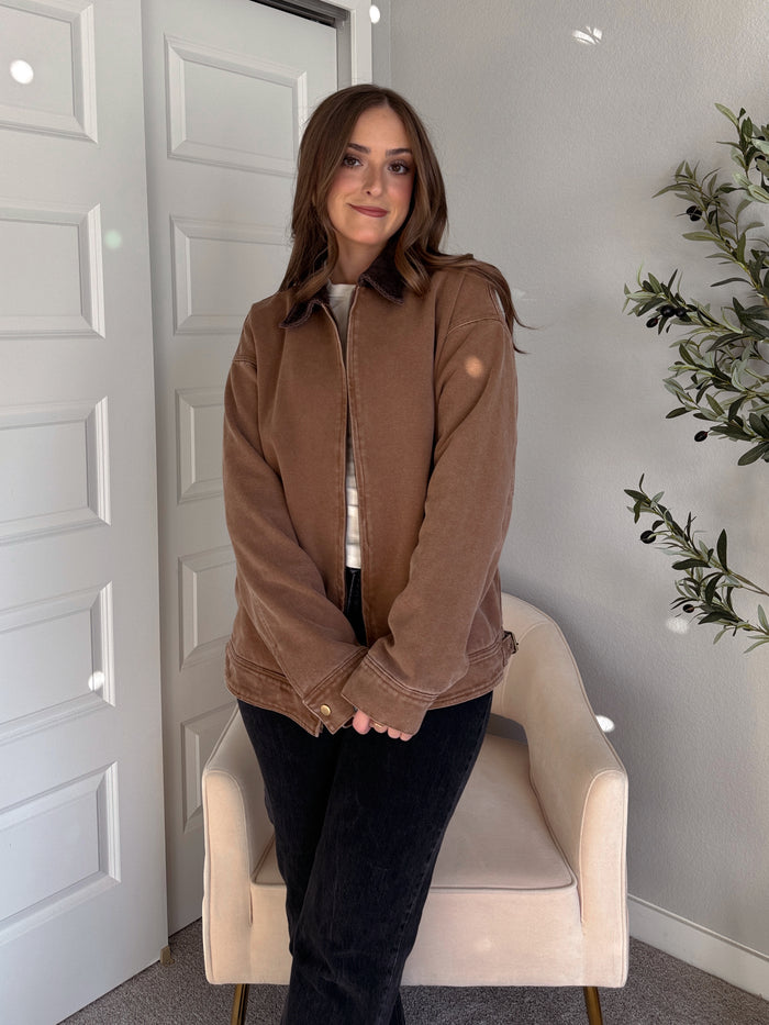 Harrington Oversized Vintage Wash Cotton Barn Jacket (Brown)