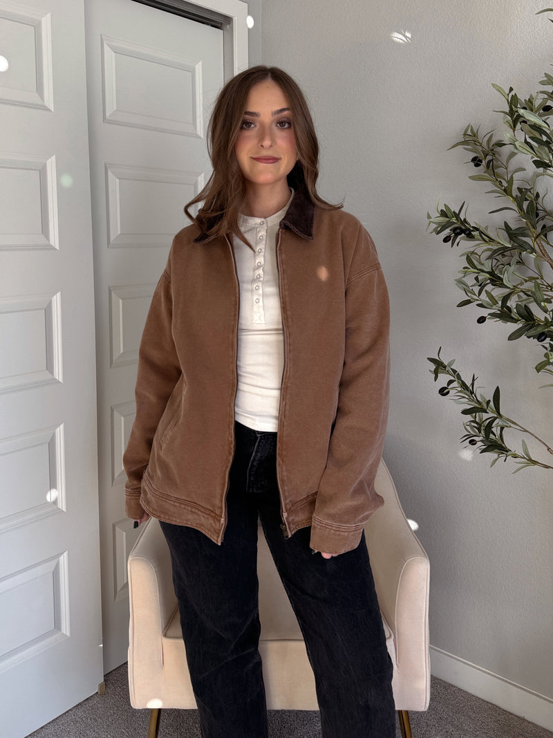 Harrington Oversized Vintage Wash Cotton Barn Jacket (Brown)