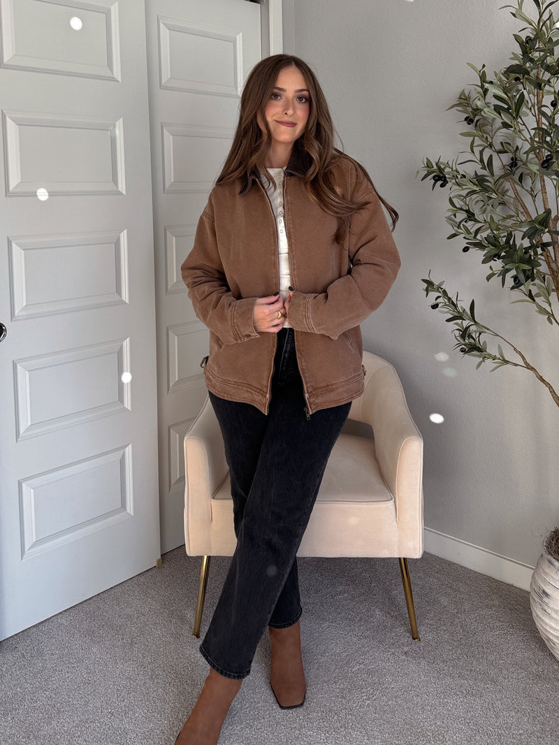 Harrington Oversized Vintage Wash Cotton Barn Jacket (Brown)