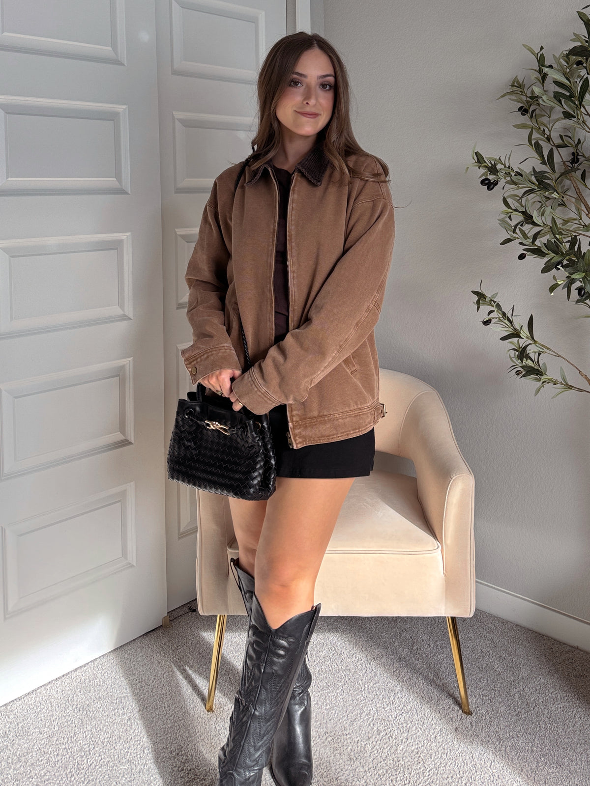 Harrington Oversized Vintage Wash Cotton Barn Jacket (Brown)