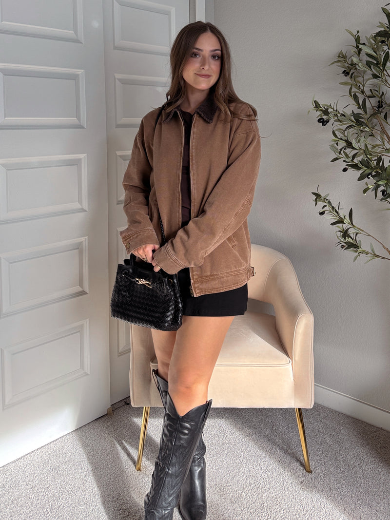 Harrington Oversized Vintage Wash Cotton Barn Jacket (Brown)