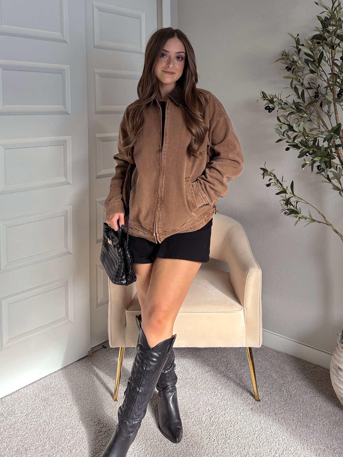 Harrington Oversized Vintage Wash Cotton Barn Jacket (Brown)