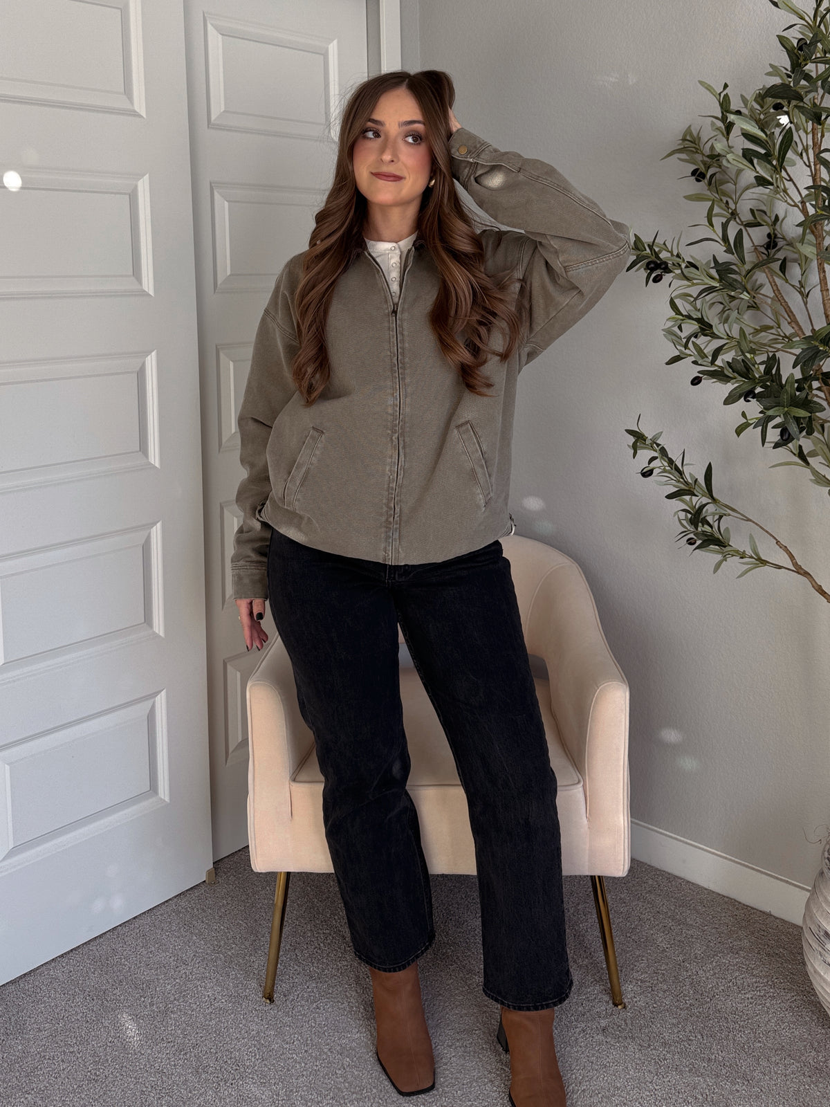 Harrington Oversized Vintage Wash Cotton Barn Jacket (Olive)