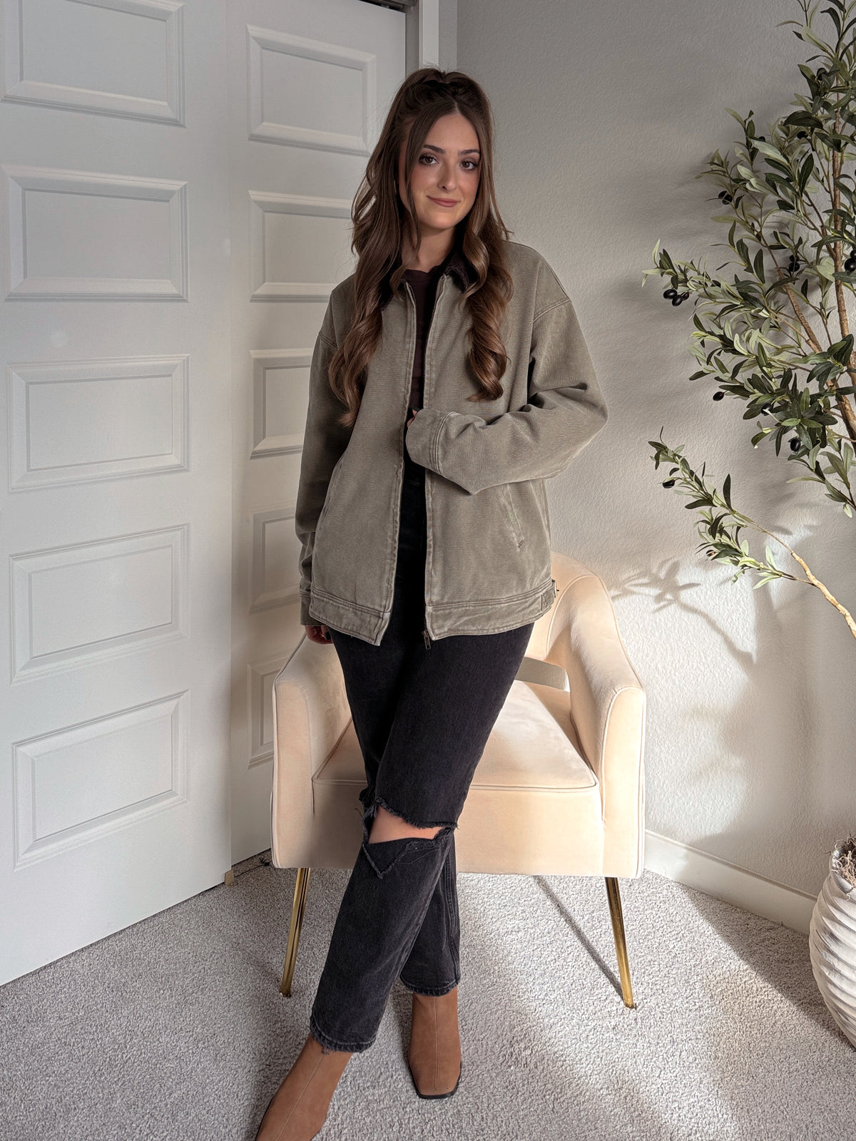 Harrington Oversized Vintage Wash Cotton Barn Jacket (Olive)