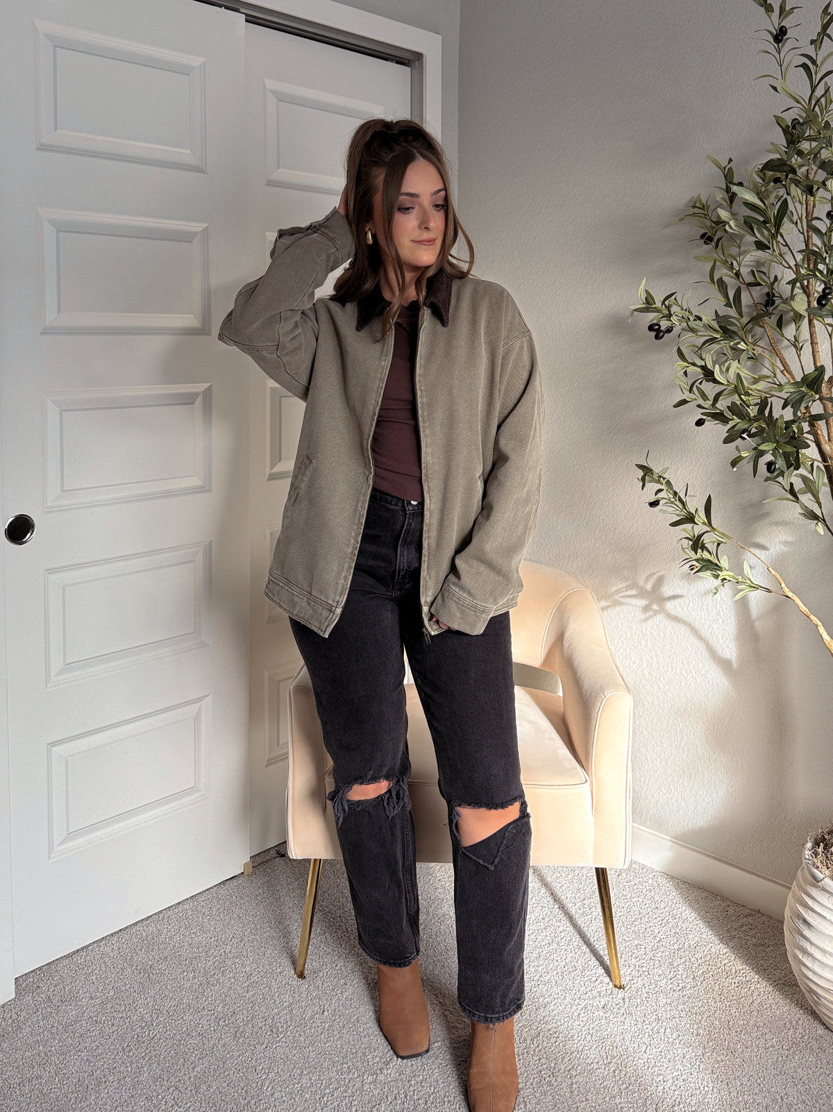 Harrington Oversized Vintage Wash Cotton Barn Jacket (Olive)