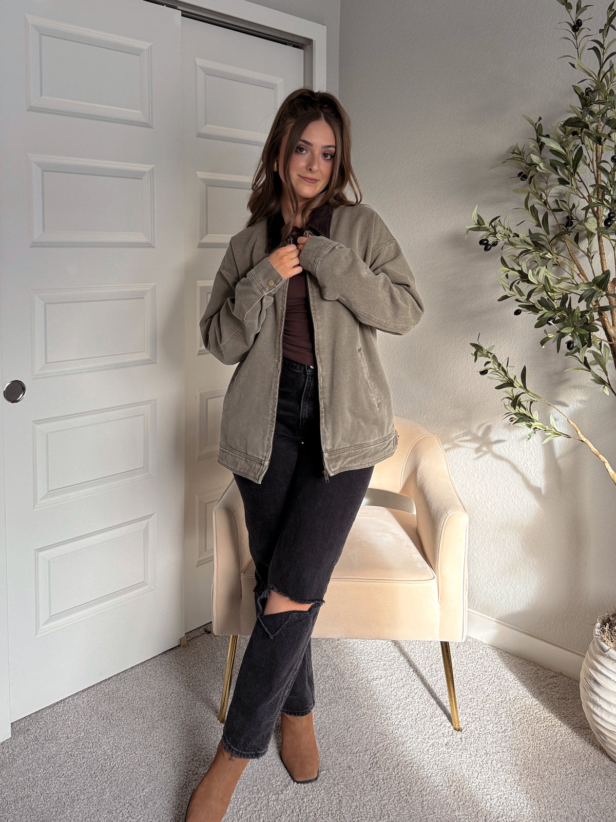 Harrington Oversized Vintage Wash Cotton Barn Jacket (Olive)