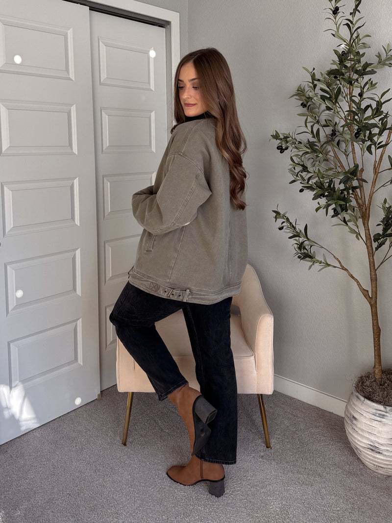 Harrington Oversized Vintage Wash Cotton Barn Jacket (Olive)