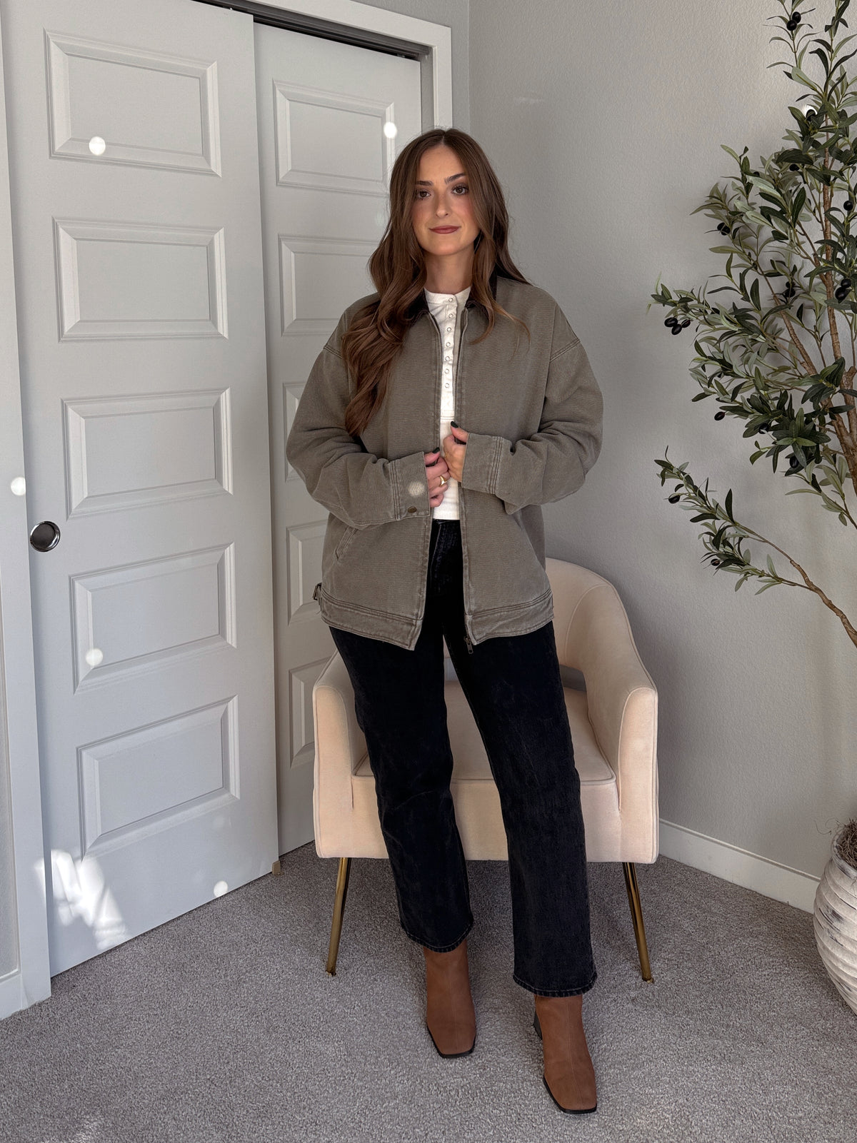 Harrington Oversized Vintage Wash Cotton Barn Jacket (Olive)