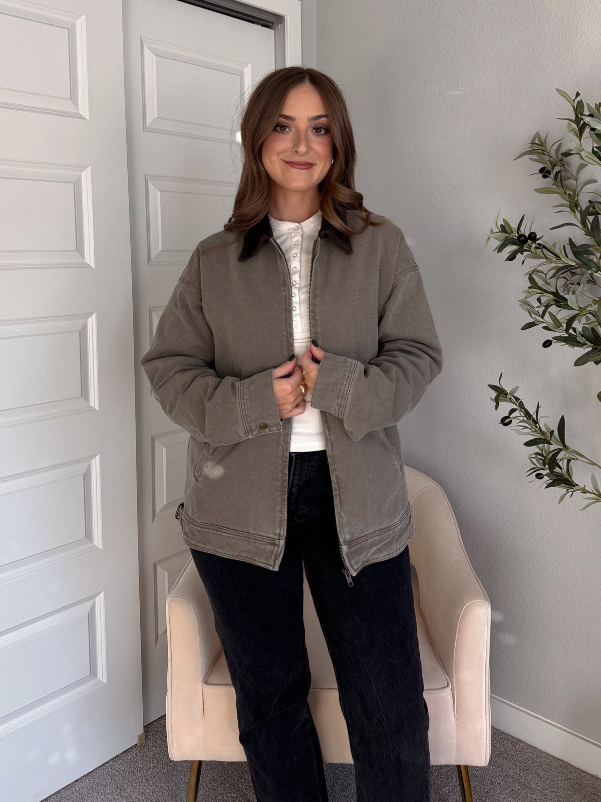 Harrington Oversized Vintage Wash Cotton Barn Jacket (Olive)