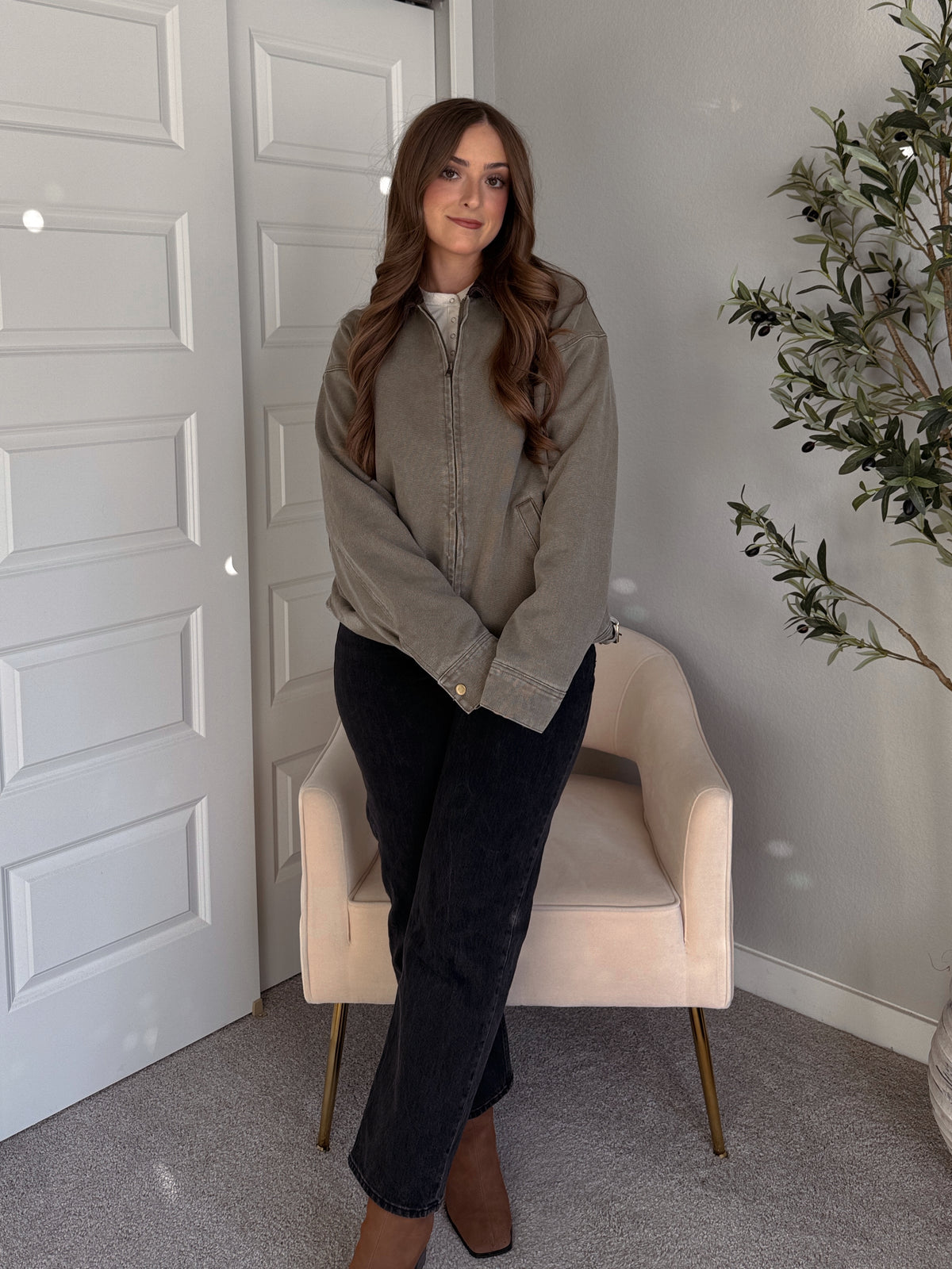 Harrington Oversized Vintage Wash Cotton Barn Jacket (Olive)