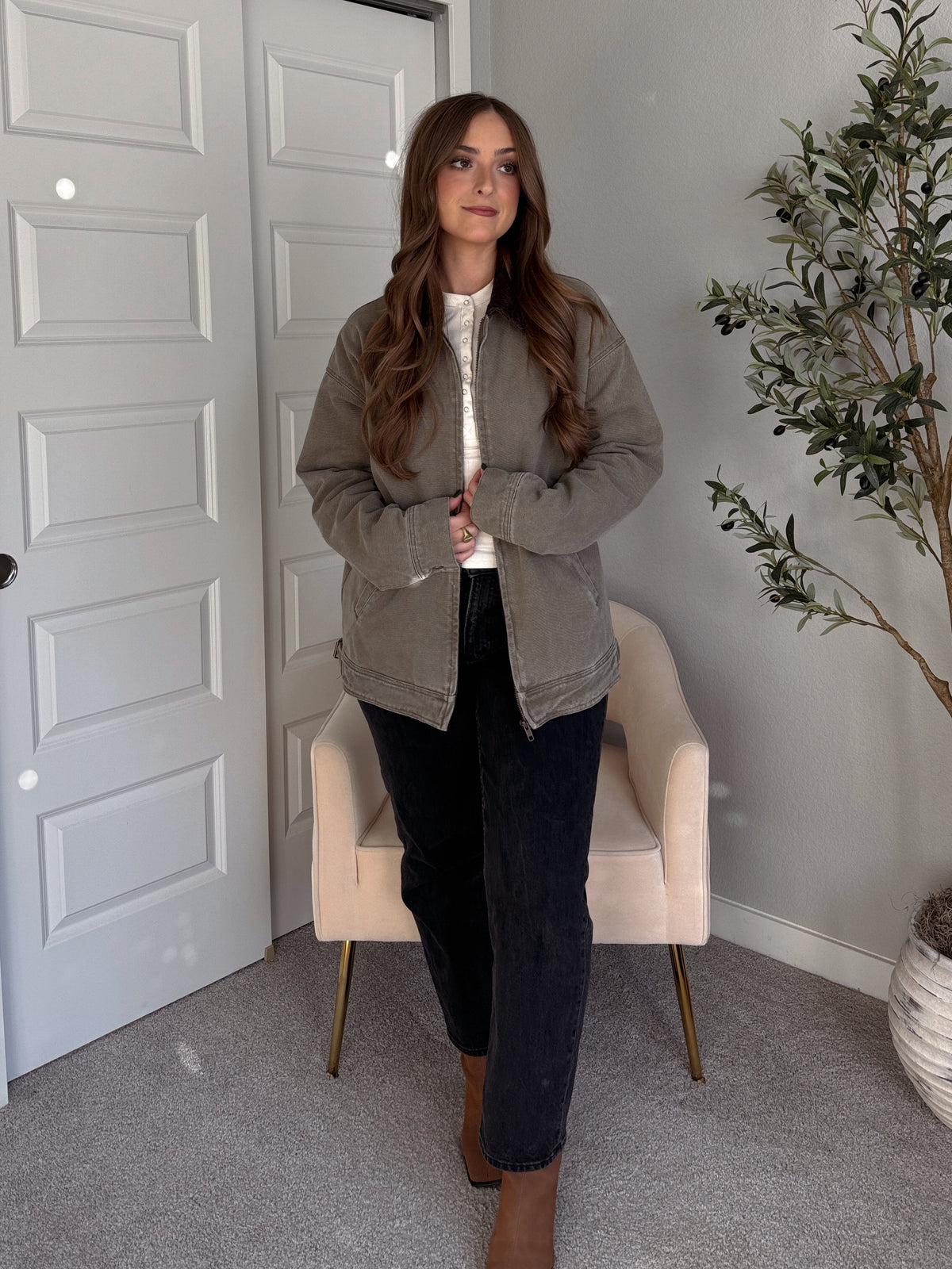 Harrington Oversized Vintage Wash Cotton Barn Jacket (Olive)