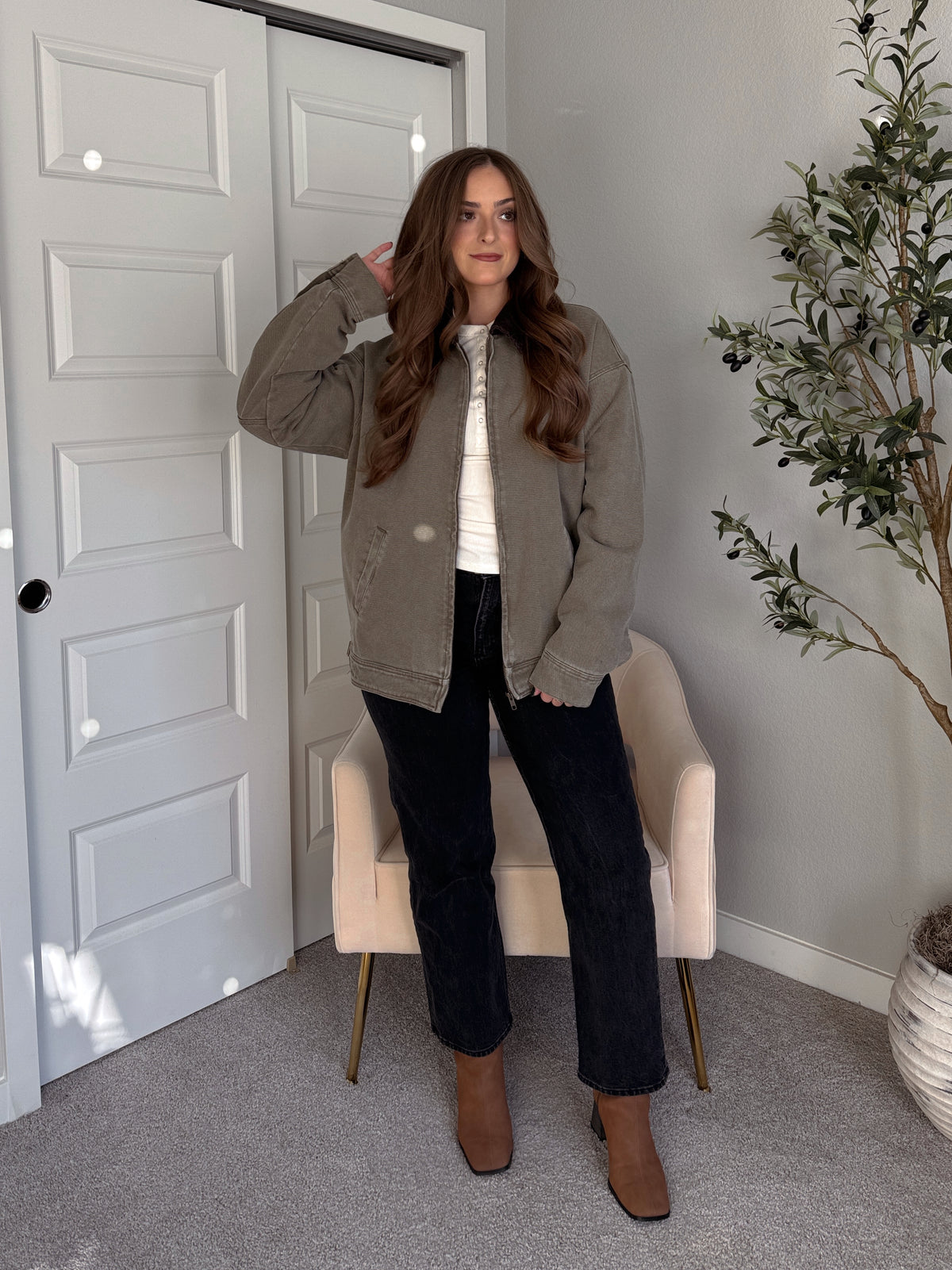 Harrington Oversized Vintage Wash Cotton Barn Jacket (Olive)