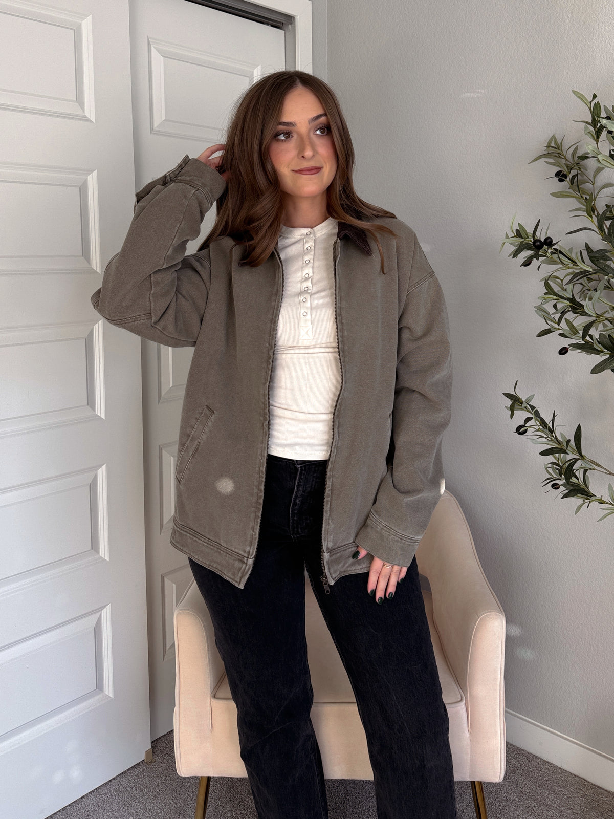 Harrington Oversized Vintage Wash Cotton Barn Jacket (Olive)