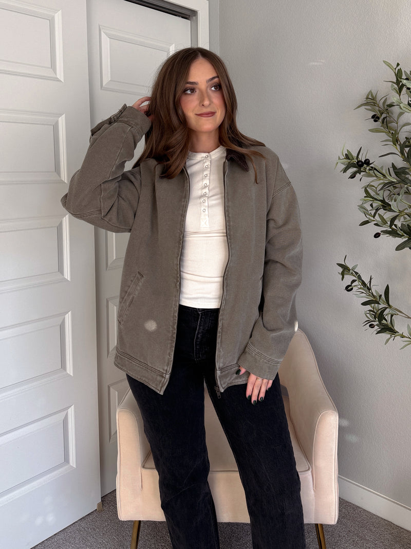 Harrington Oversized Vintage Wash Cotton Barn Jacket (Olive)