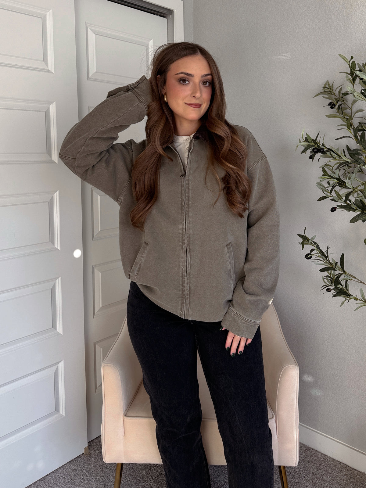 Harrington Oversized Vintage Wash Cotton Barn Jacket (Olive)