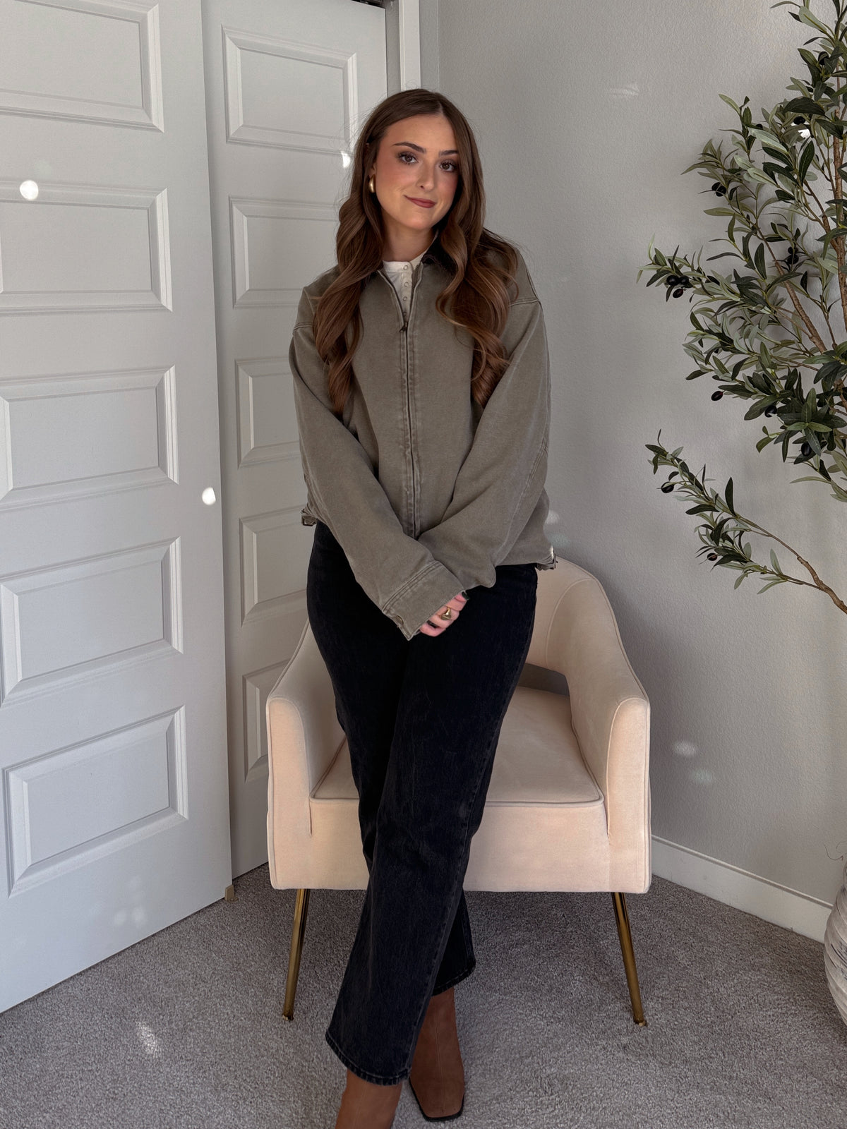 Harrington Oversized Vintage Wash Cotton Barn Jacket (Olive)