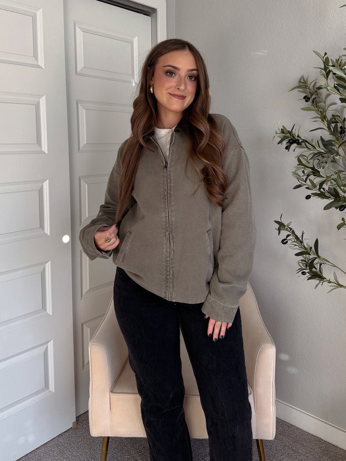 Harrington Oversized Vintage Wash Cotton Barn Jacket (Olive)