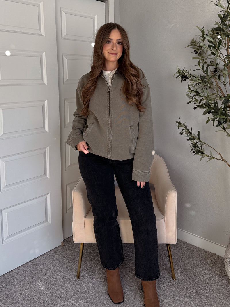 Harrington Oversized Vintage Wash Cotton Barn Jacket (Olive)