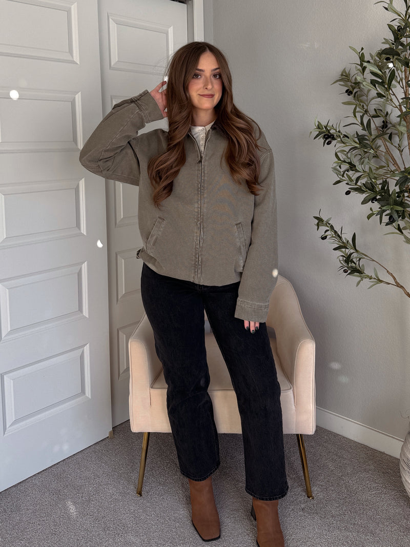 Harrington Oversized Vintage Wash Cotton Barn Jacket (Olive)