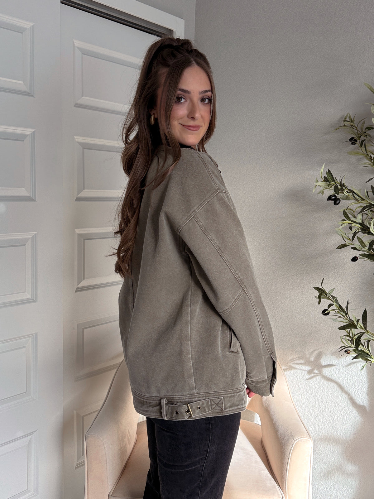 Harrington Oversized Vintage Wash Cotton Barn Jacket (Olive)