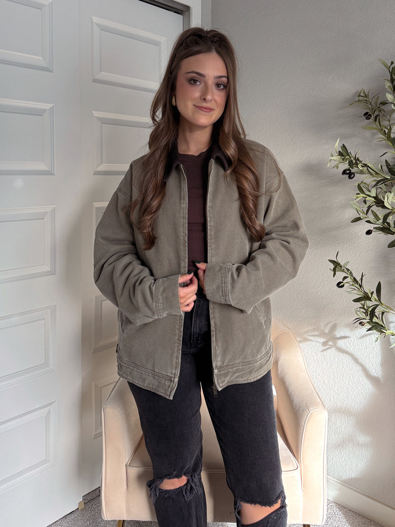 Harrington Oversized Vintage Wash Cotton Barn Jacket (Olive)