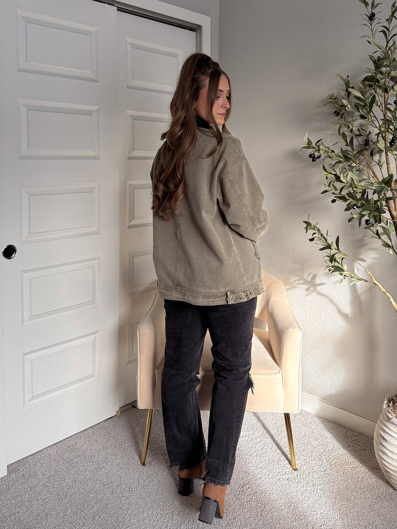 Harrington Oversized Vintage Wash Cotton Barn Jacket (Olive)