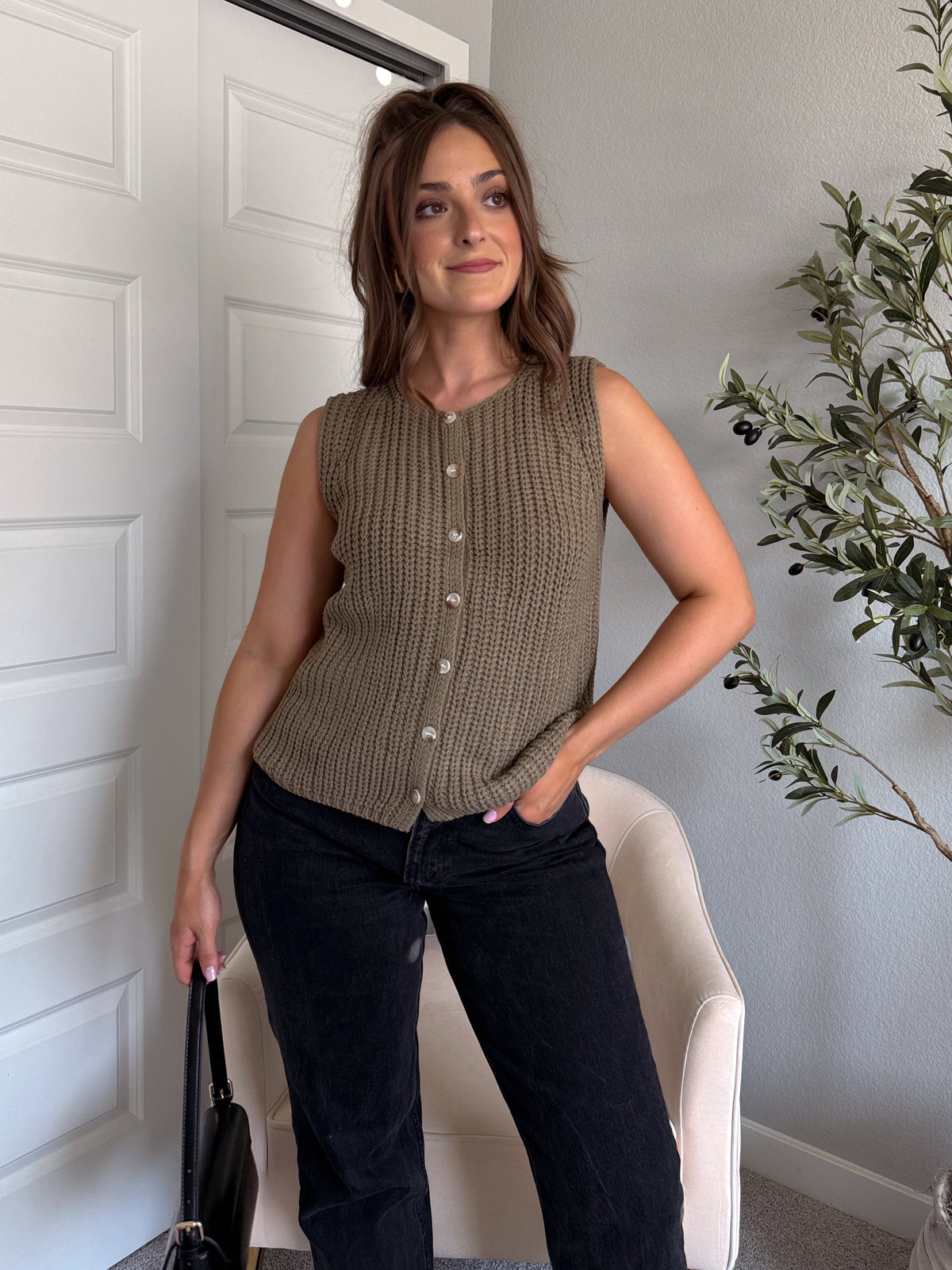 Harrison Textured Button Up Sweater Vest (Olive)