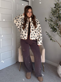 Harvest Floral Print Button Up Fleece Jacket (Cream/Khaki)