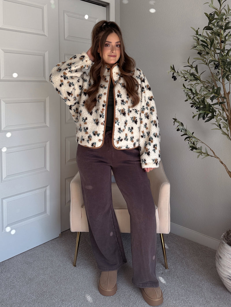Harvest Floral Print Button Up Fleece Jacket (Cream/Khaki)
