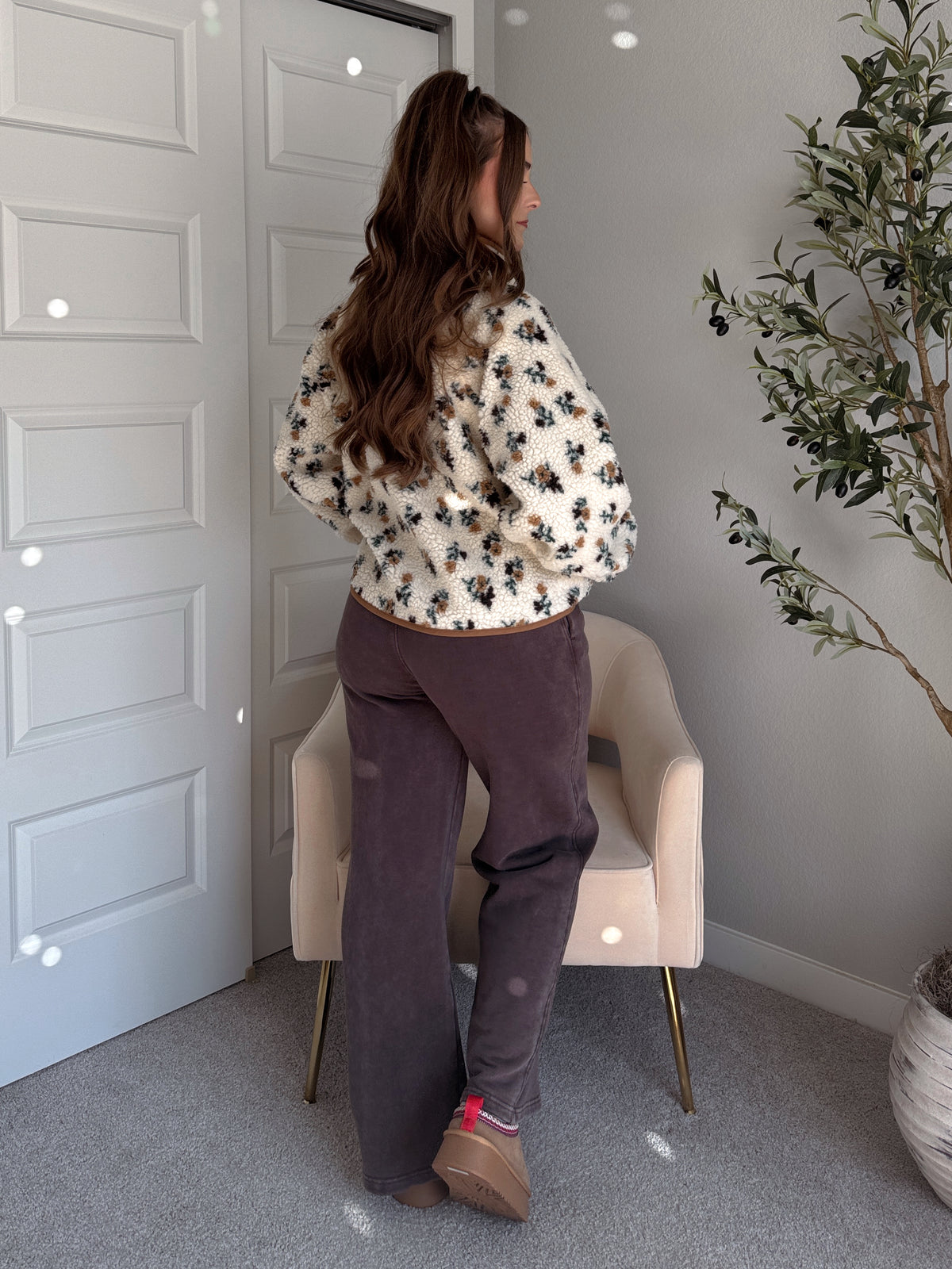 Harvest Floral Print Button Up Fleece Jacket (Cream/Khaki)