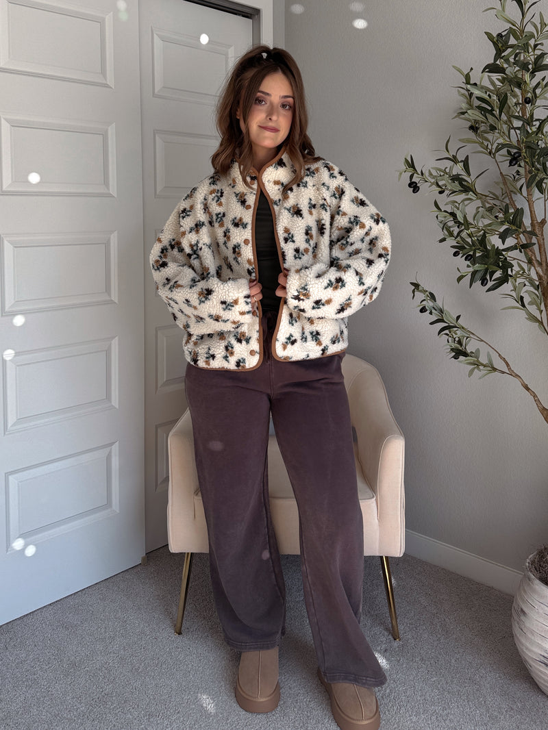 Harvest Floral Print Button Up Fleece Jacket (Cream/Khaki)